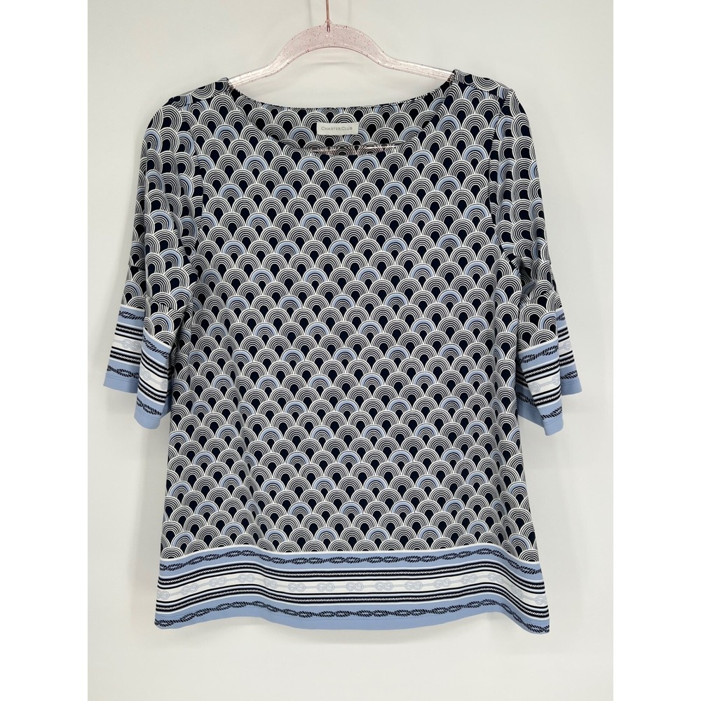 Charter Club Knit Top Geometric Print 3/4 Sleeve Blouse Womens Size M Blue White